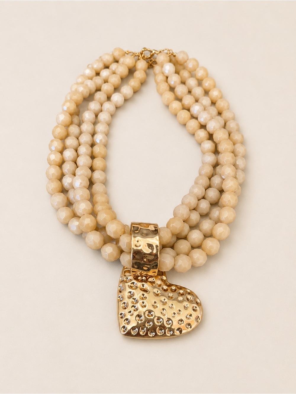 Gold Heart Pendant Multi-Strand Cream Beaded Necklace